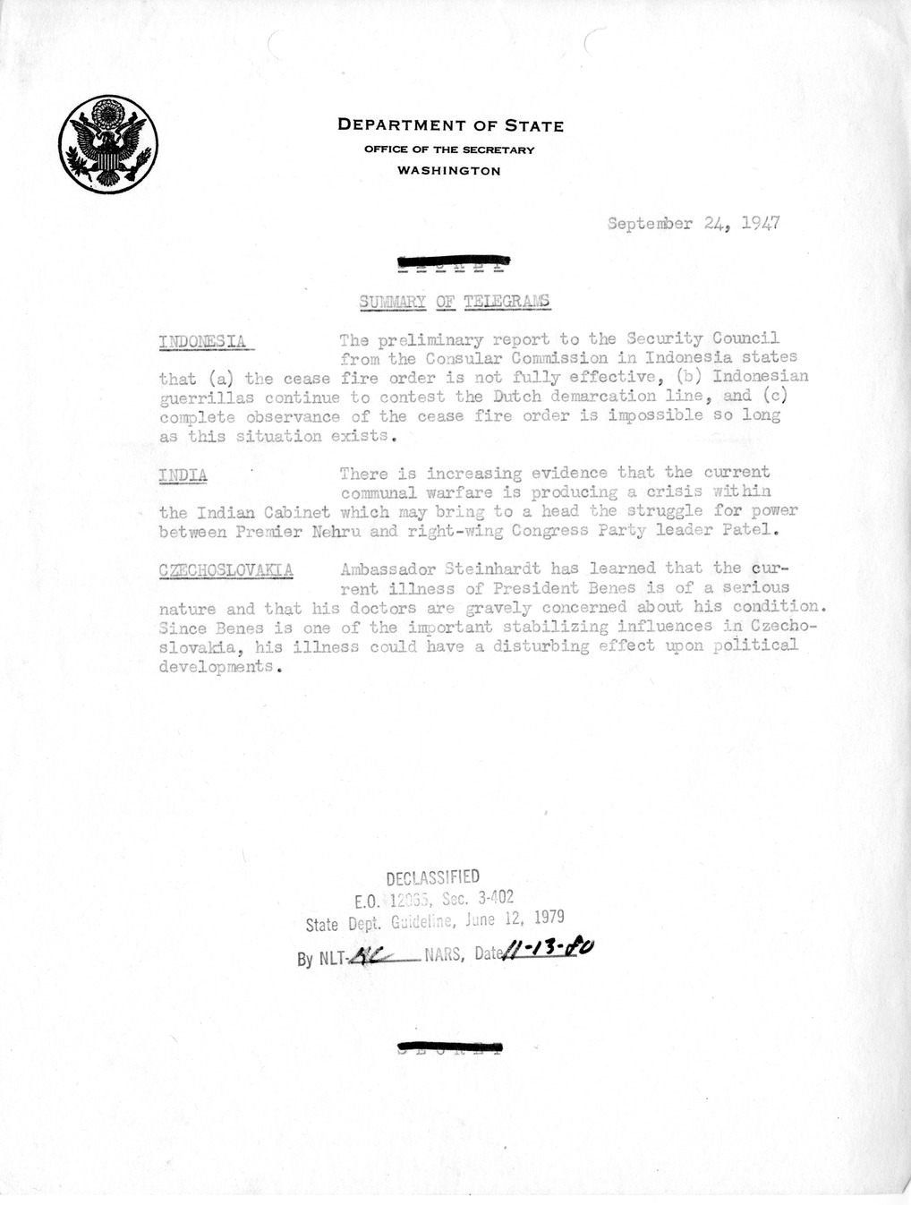 Memorandum, Department of State Summary of Telegrams