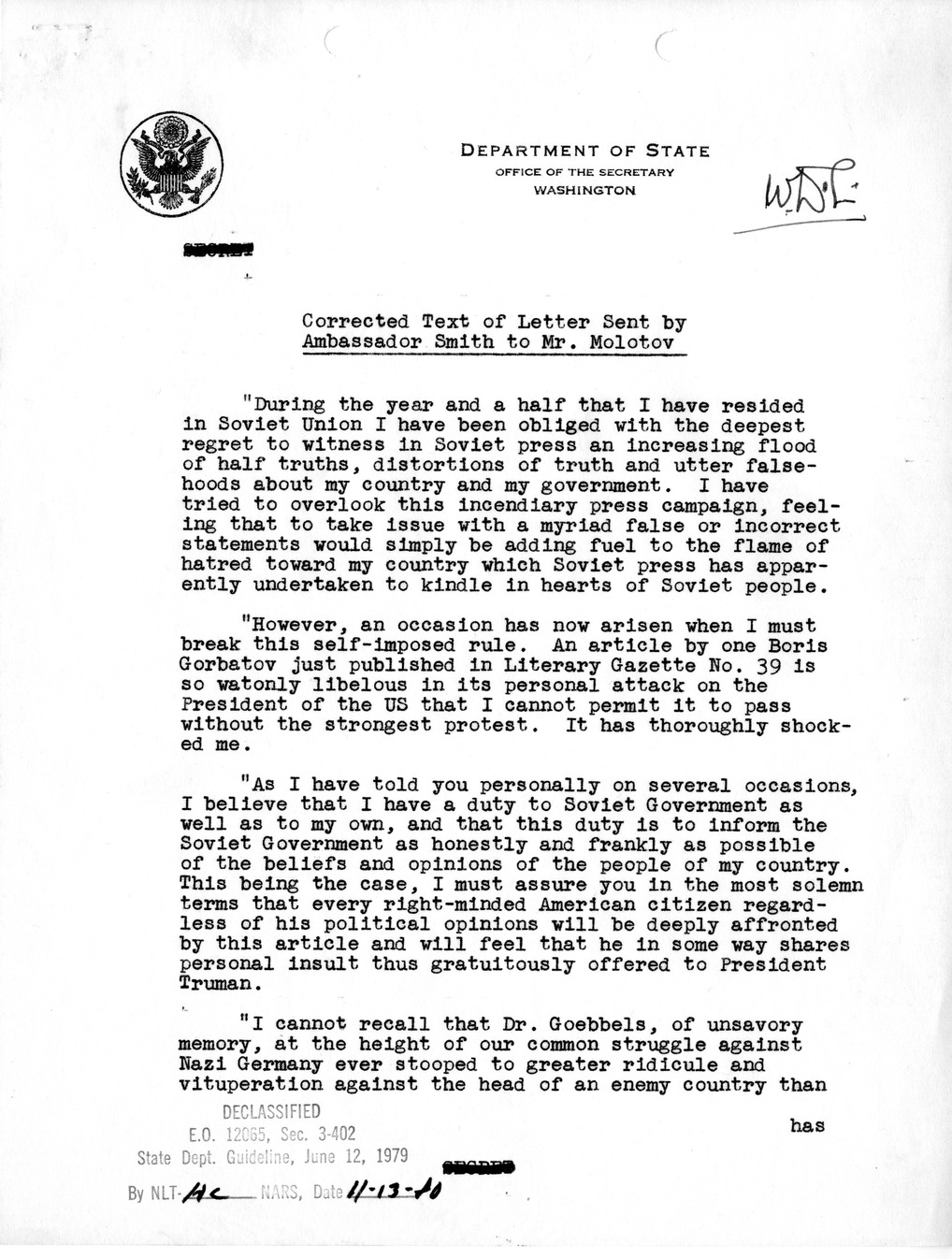 Corrected Text of Letter Sent by Ambassador Walter Bedell Smith to Vyacheslav Molotov
