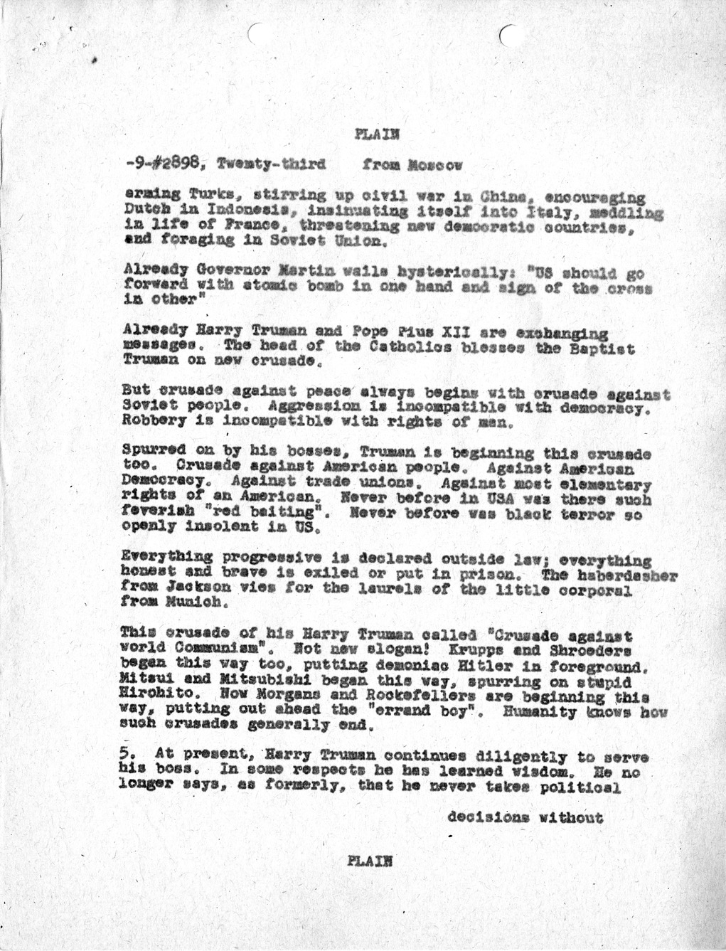 Telegram from United States Ambassador to the Soviet Union Walter Bedell Smith of Article from Soviet Literary Gazette