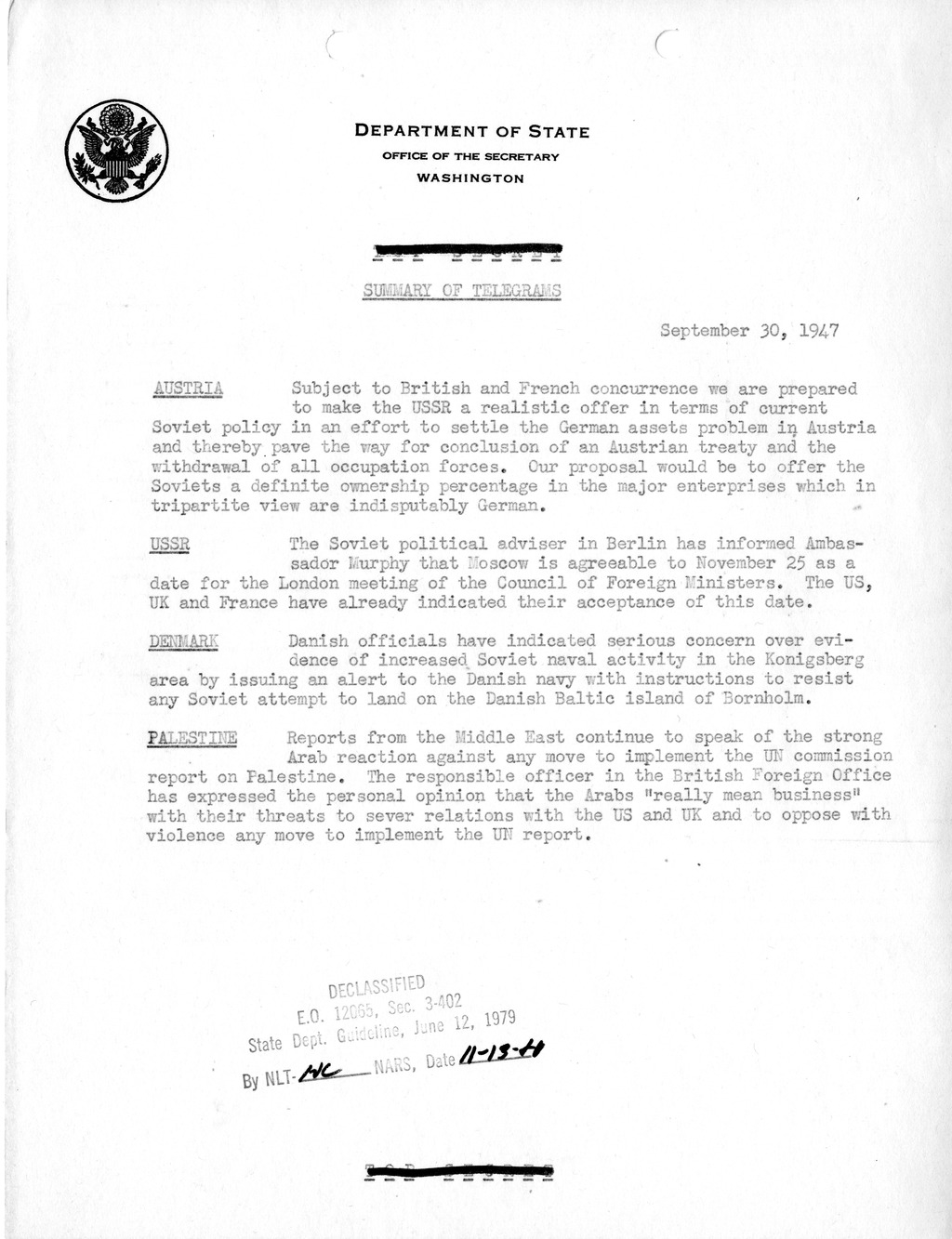 Memorandum, Department of State Summary of Telegrams