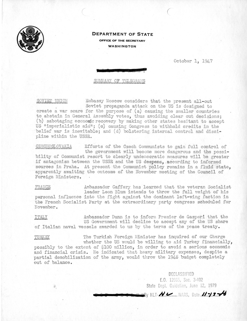 Memorandum, Department of State Summary of Telegrams