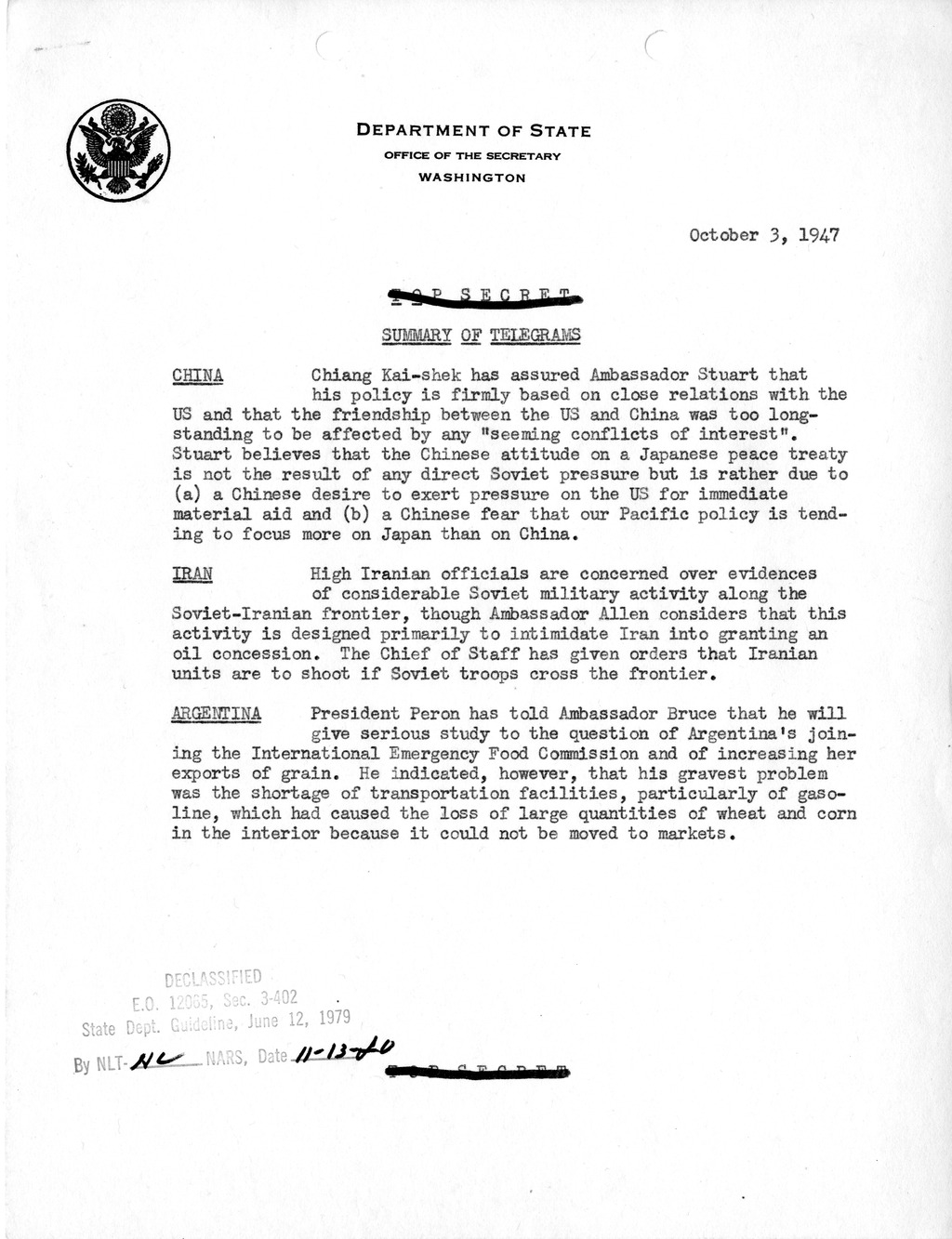 Memorandum, Department of State Summary of Telegrams