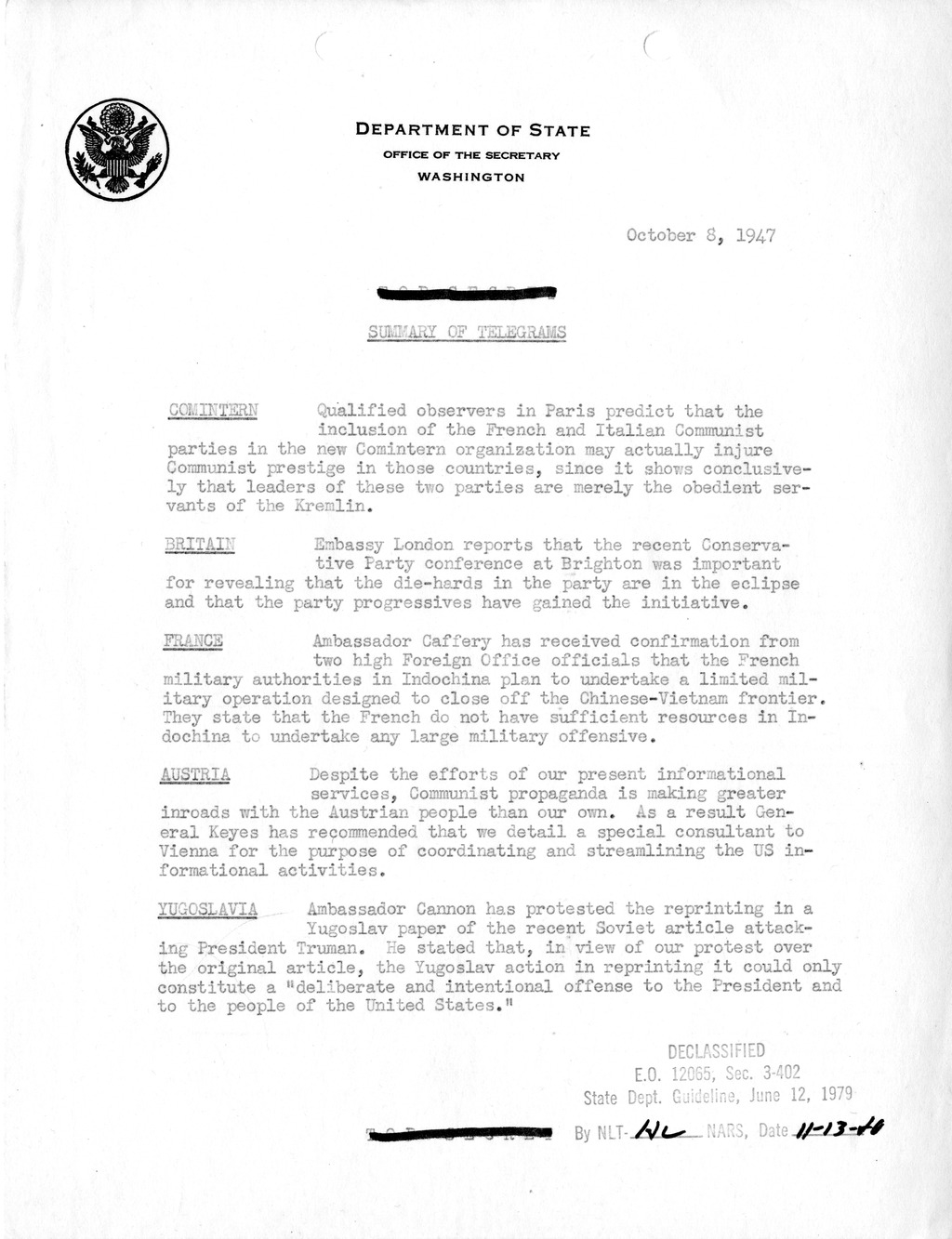 Memorandum, Department of State Summary of Telegrams