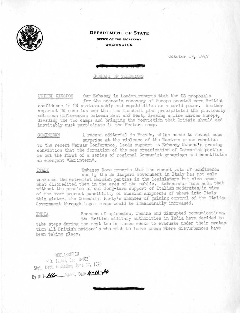Memorandum, Department of State Summary of Telegrams