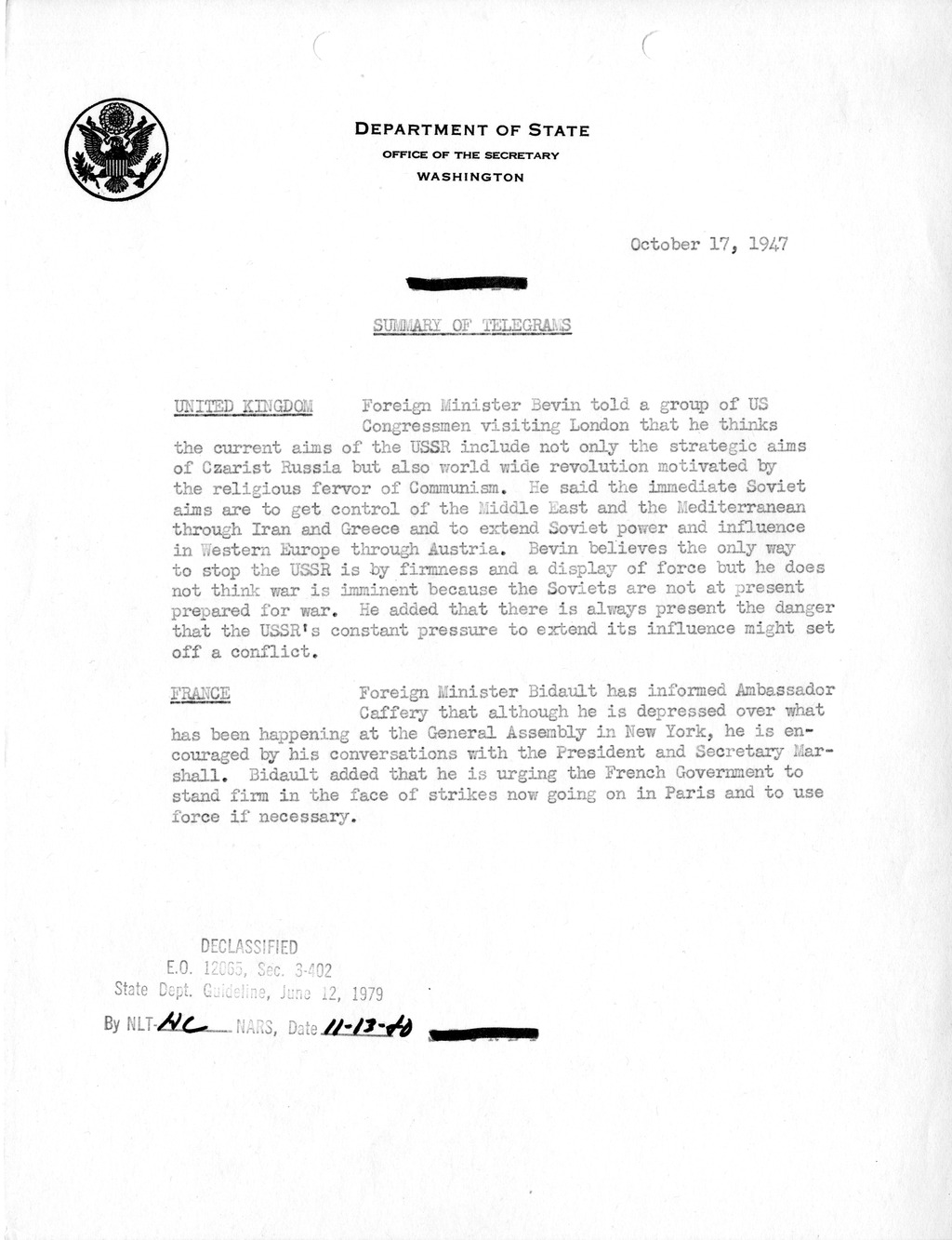 Memorandum, Department of State Summary of Telegrams