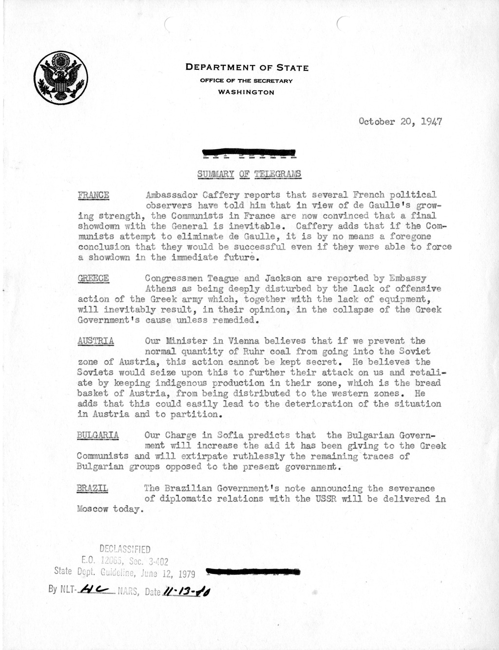 Memorandum, Department of State Summary of Telegrams