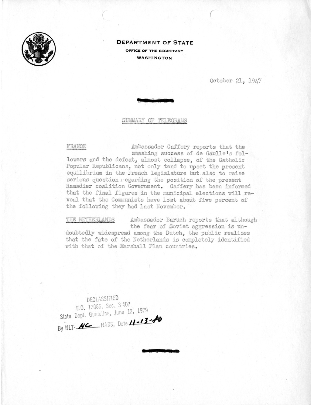 Memorandum, Department of State Summary of Telegrams