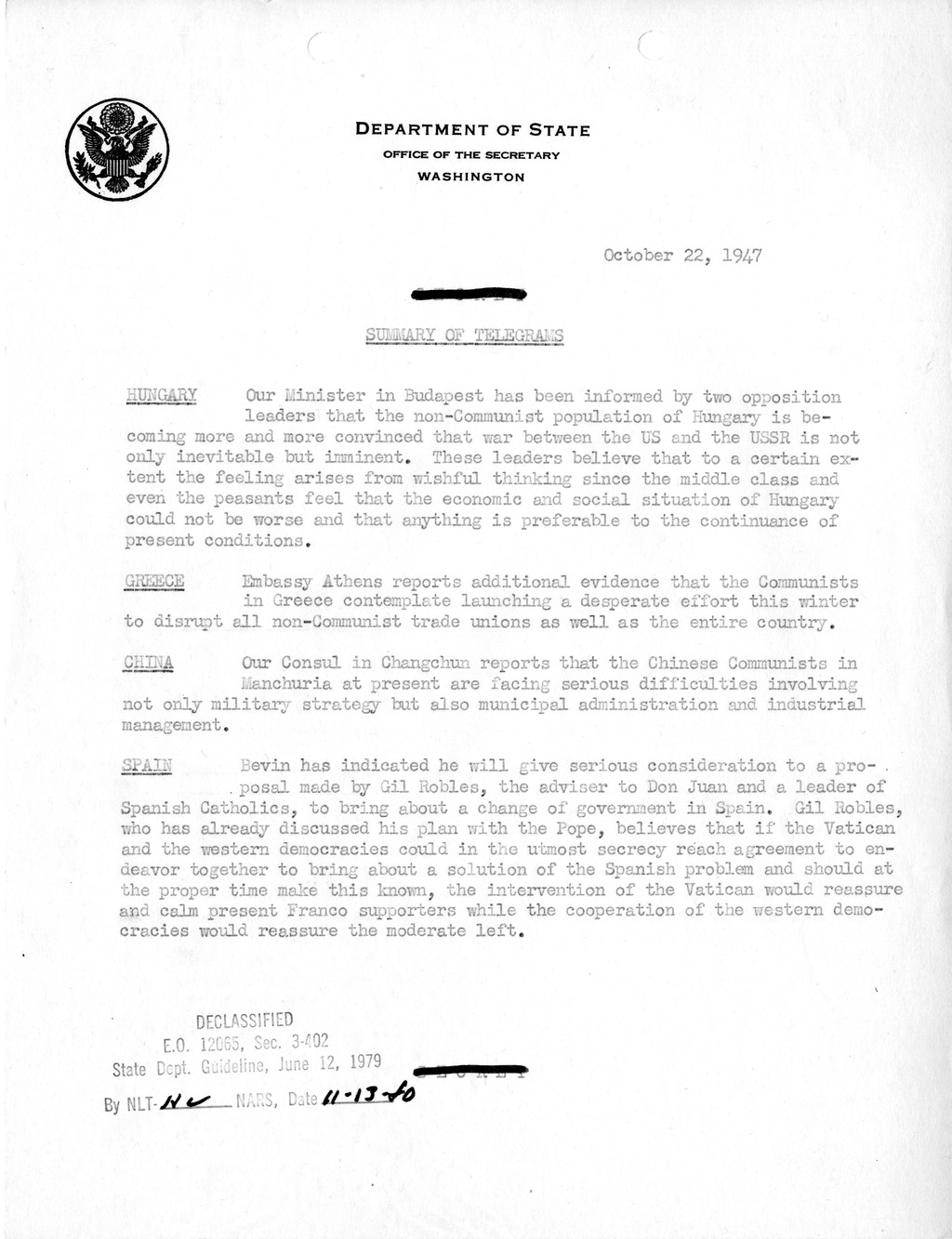 Memorandum, Department of State Summary of Telegrams
