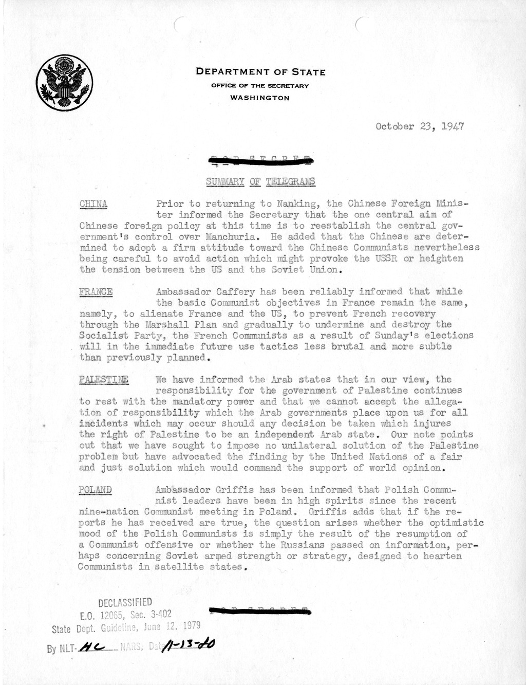 Memorandum, Department of State Summary of Telegrams