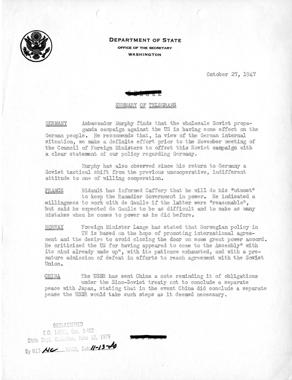 Memorandum, Department of State Summary of Telegrams