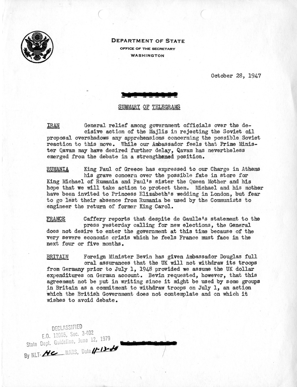 Memorandum, Department of State Summary of Telegrams