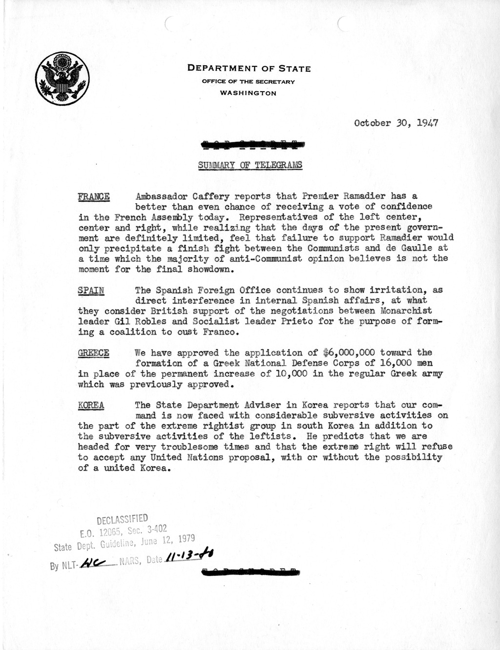 Memorandum, Department of State Summary of Telegrams