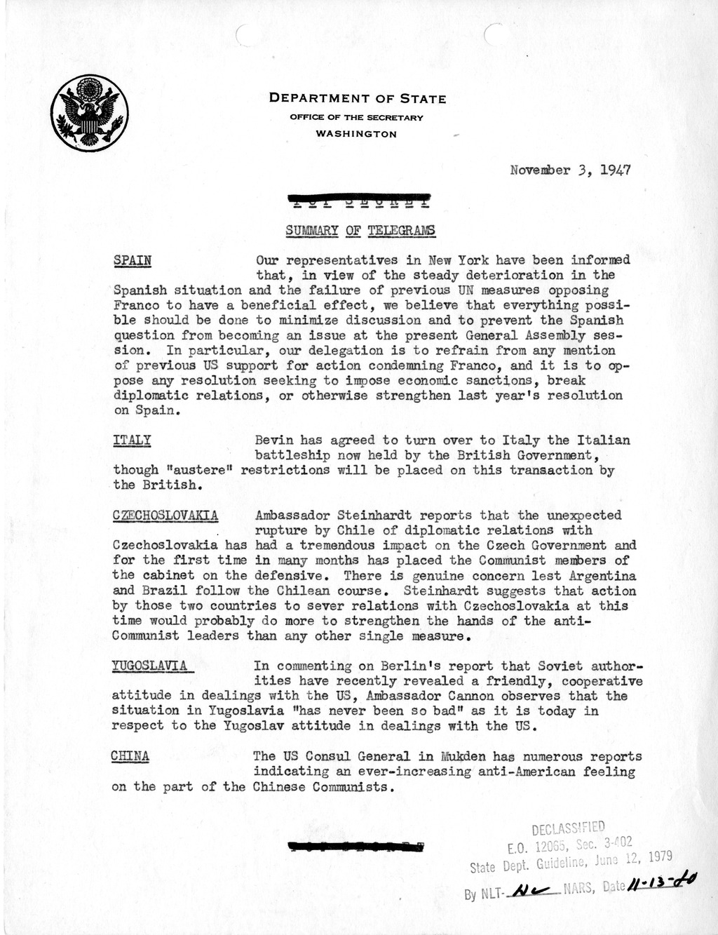 Memorandum, Department of State Summary of Telegrams