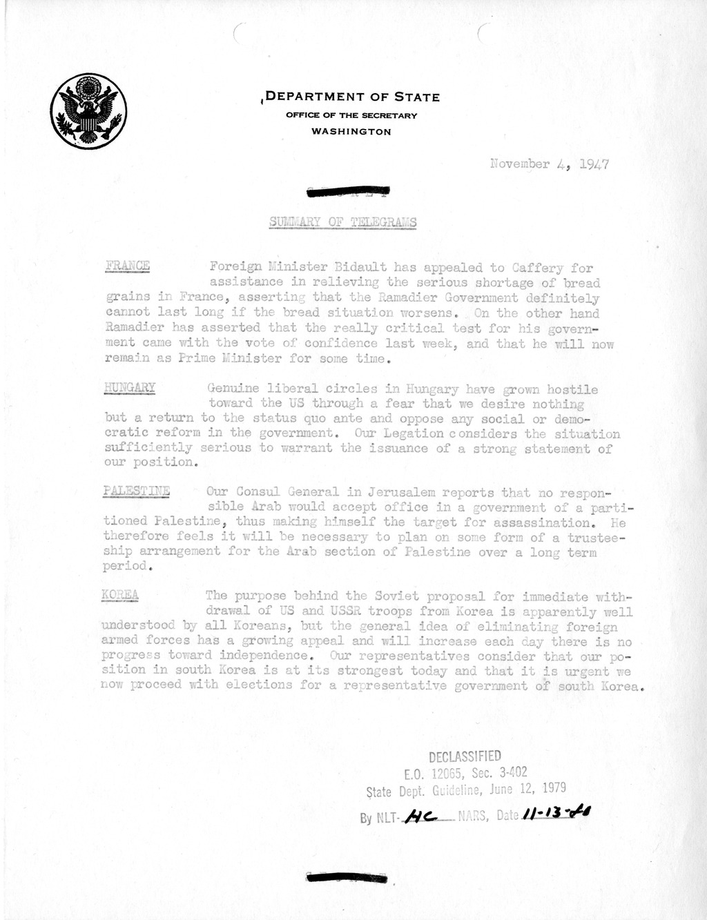 Memorandum, Department of State Summary of Telegrams