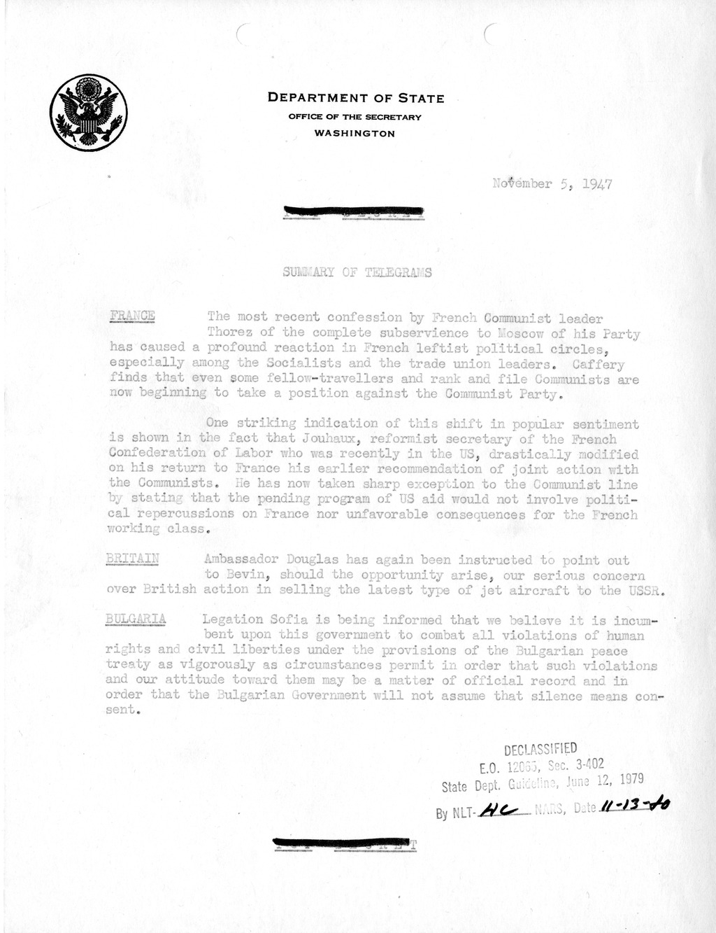 Department of State - Summary of Telegrams