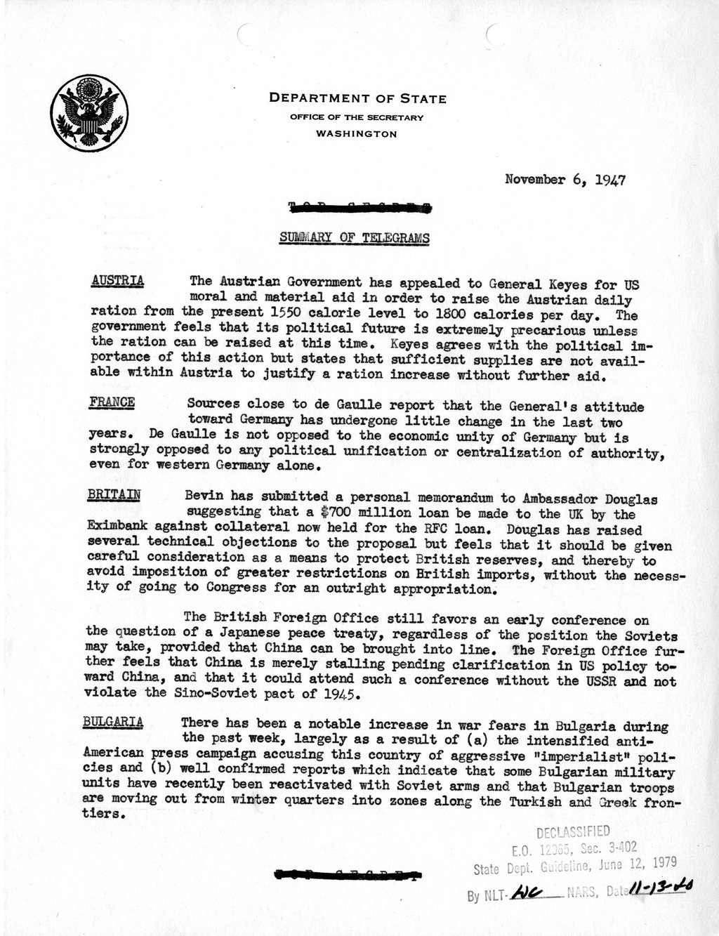 Memorandum, Department of State Summary of Telegrams
