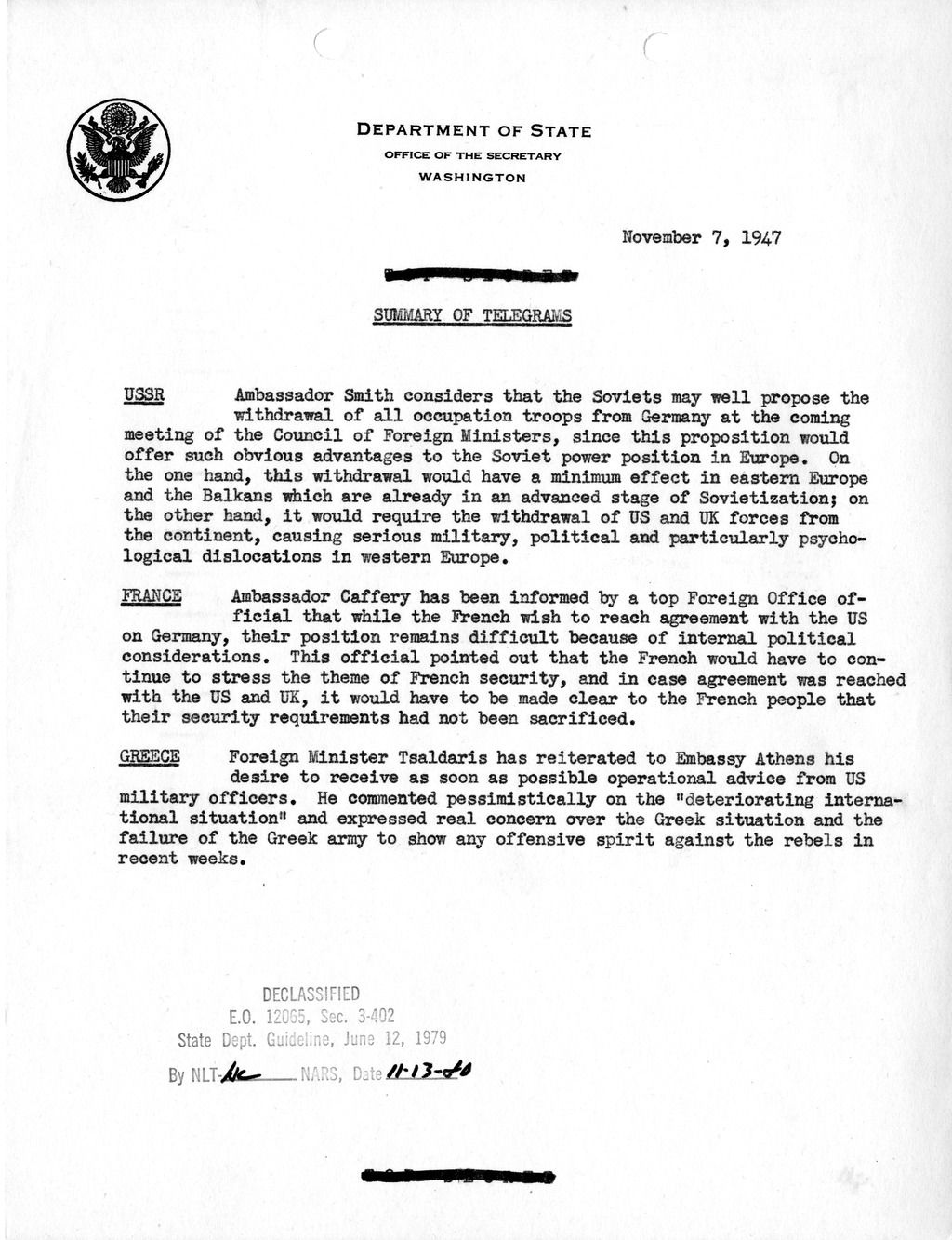 Memorandum, Department of State Summary of Telegrams