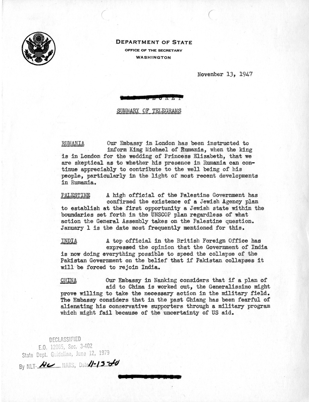 Memorandum, Department of State Summary of Telegrams