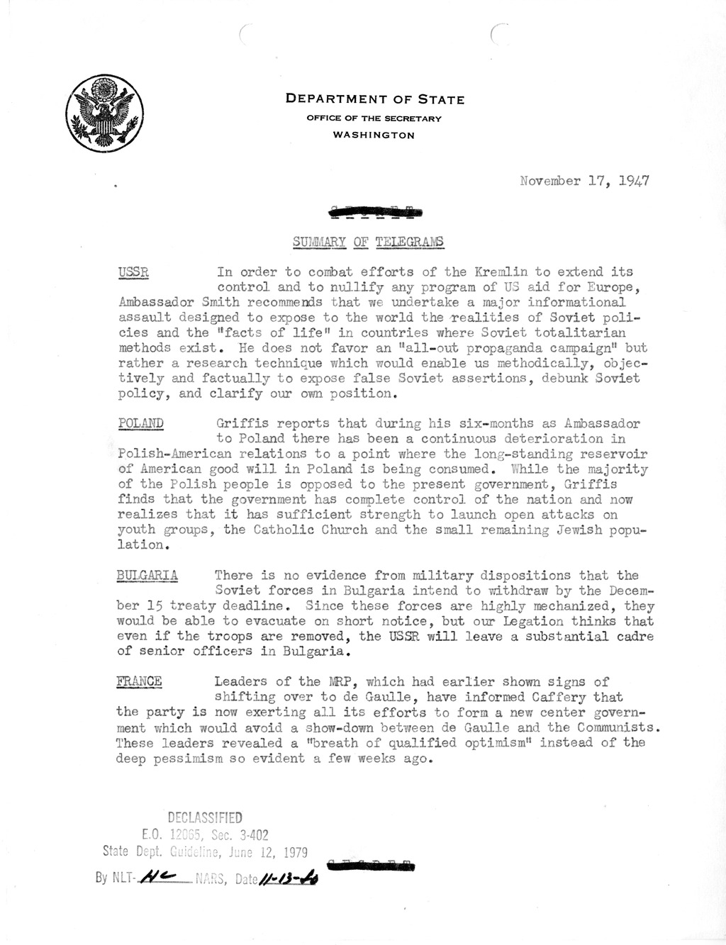 Memorandum, Department of State Summary of Telegrams