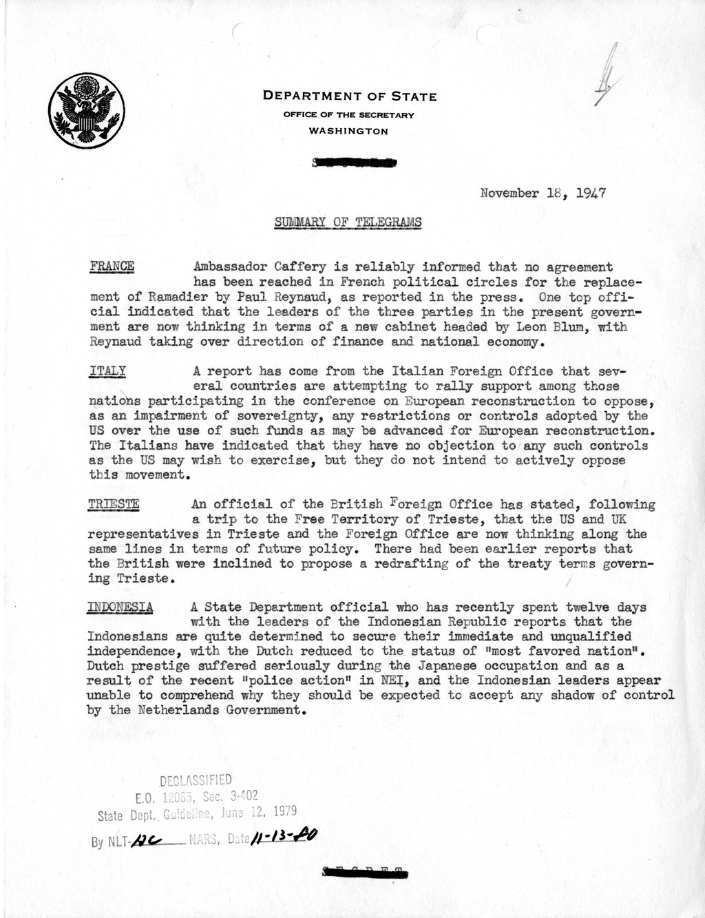 Memorandum, Department of State Summary of Telegrams