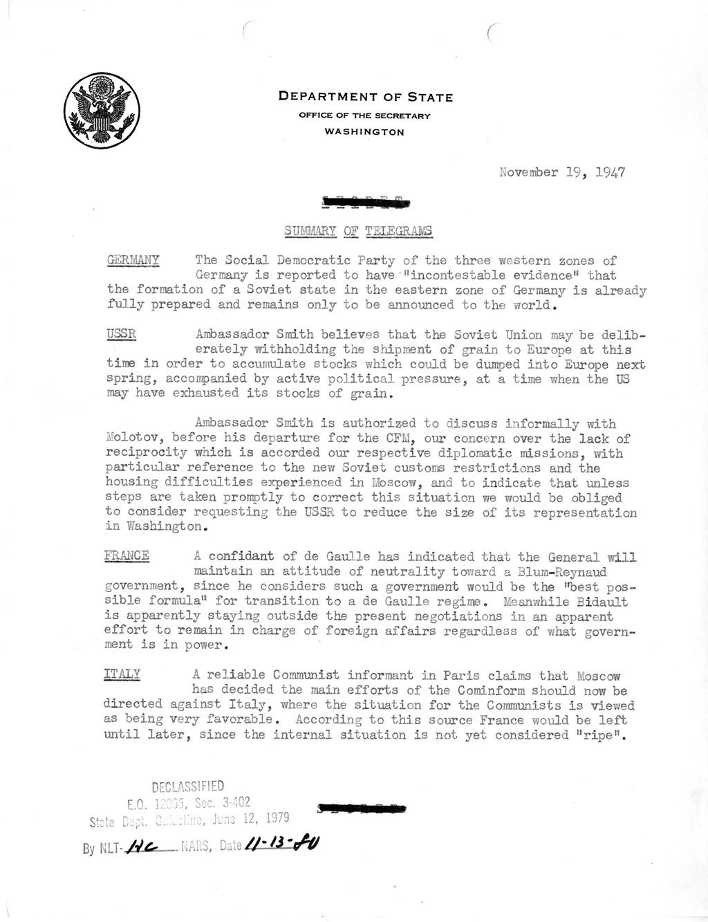 Memorandum, Department of State Summary of Telegrams