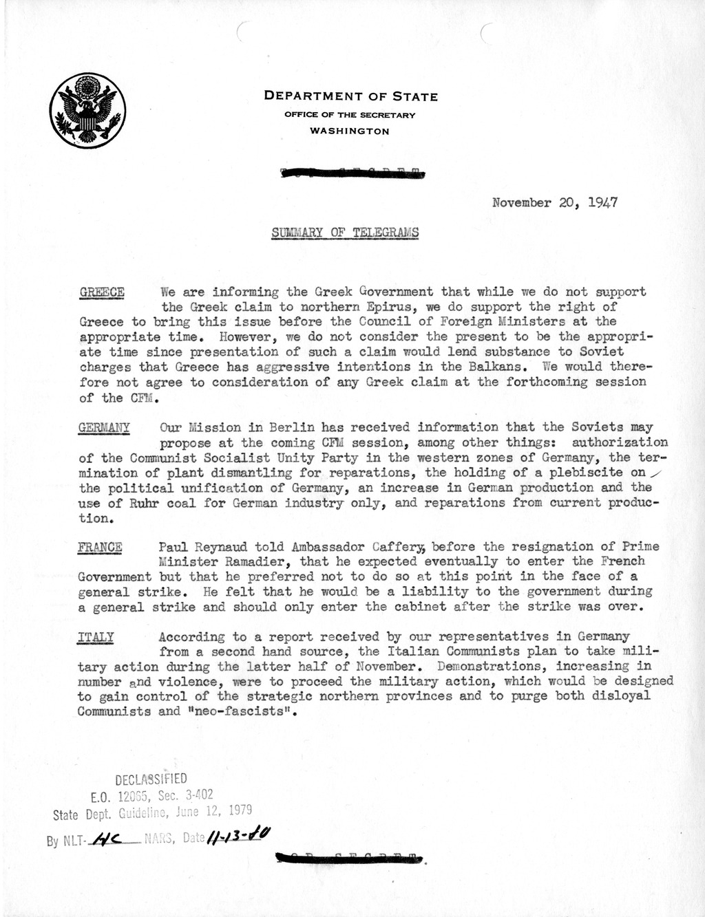Memorandum, Department of State Summary of Telegrams