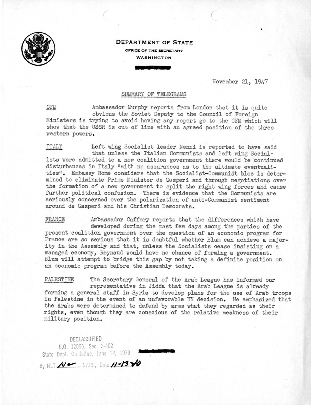 Memorandum, Department of State Summary of Telegrams