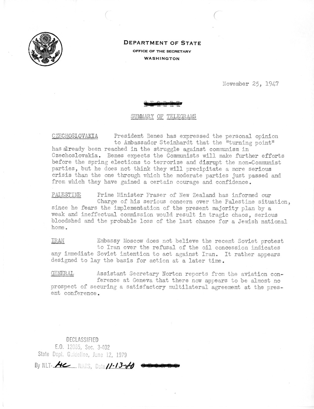 Memorandum, Department of State Summary of Telegrams
