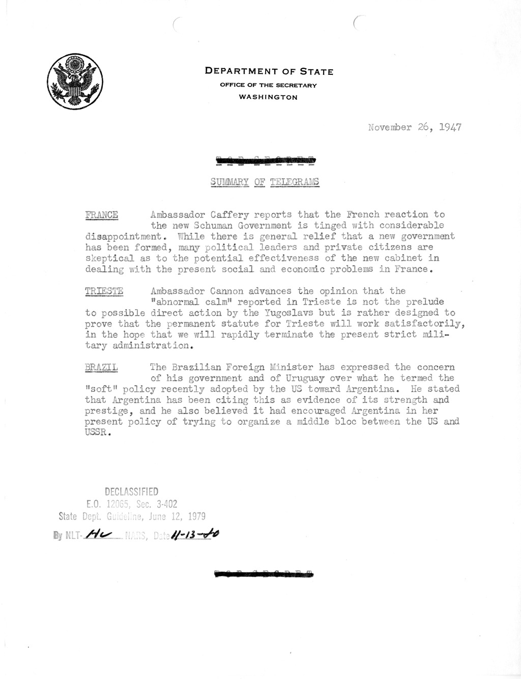 Memorandum, Department of State Summary of Telegrams