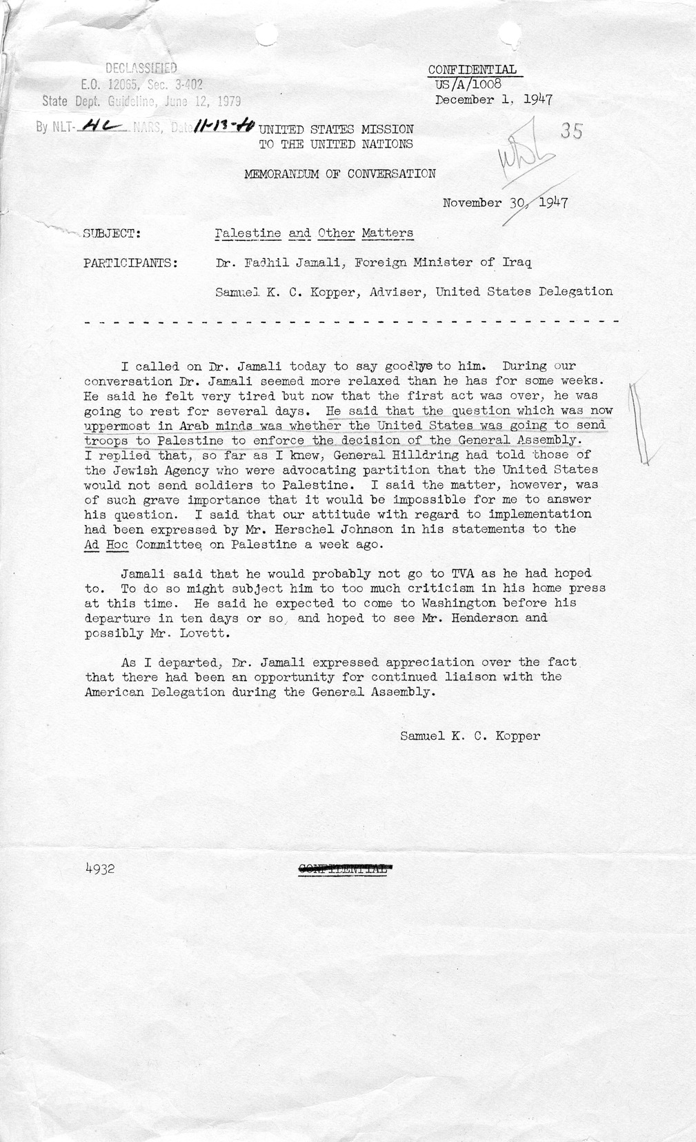 Memorandum of Conversation with Samuel K. C. Kopper and Fadhil Jamali