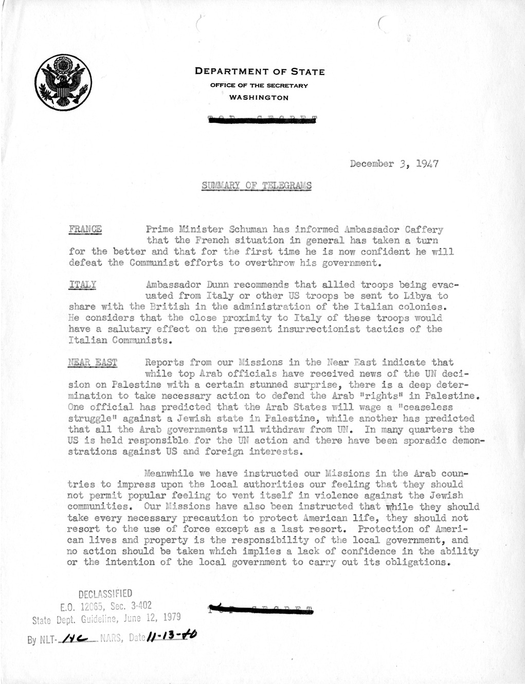 Memorandum, Department of State Summary of Telegrams