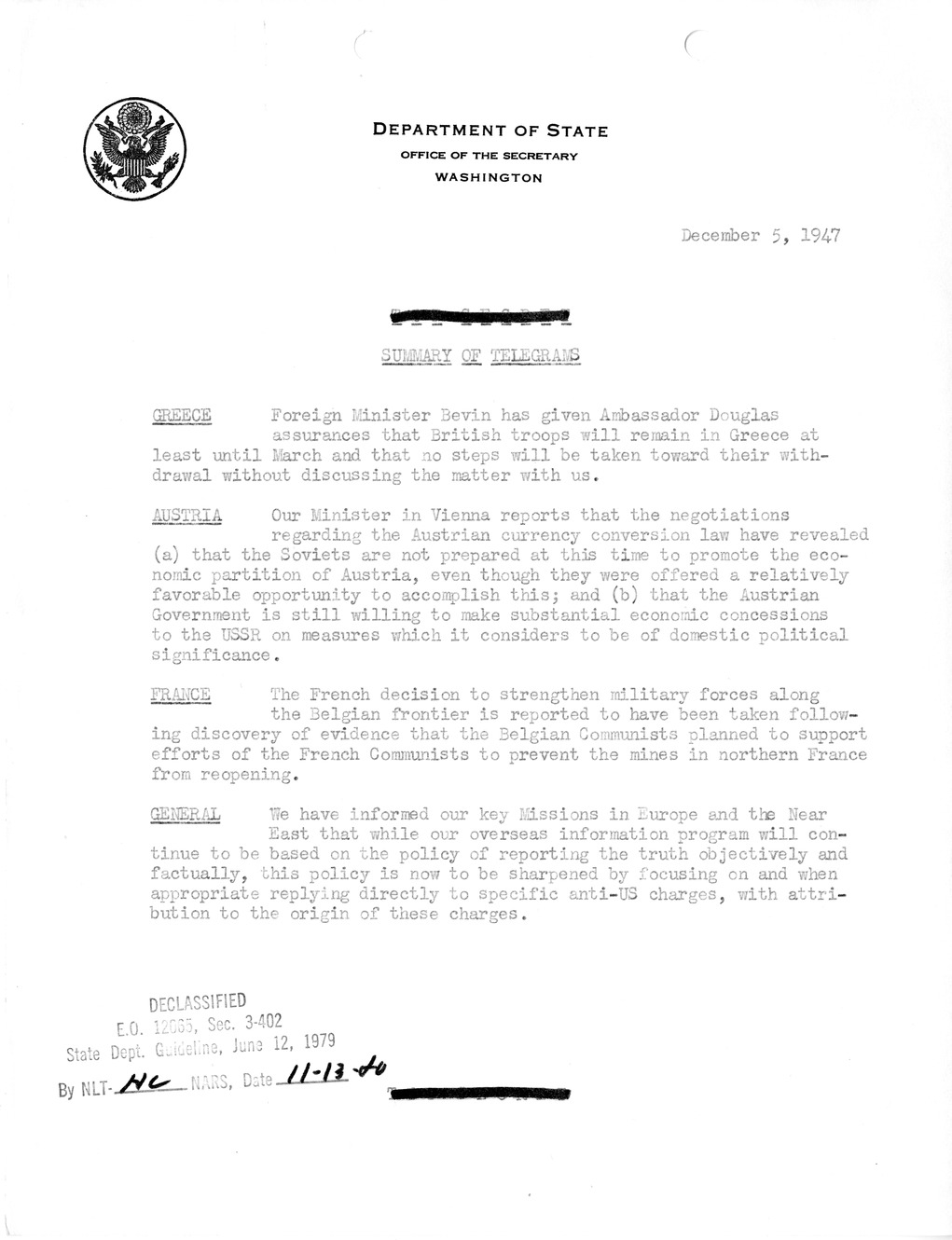 Memorandum, Department of State Summary of Telegrams