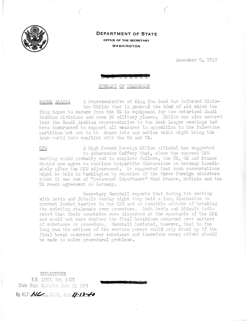 Memorandum, Department of State Summary of Telegrams