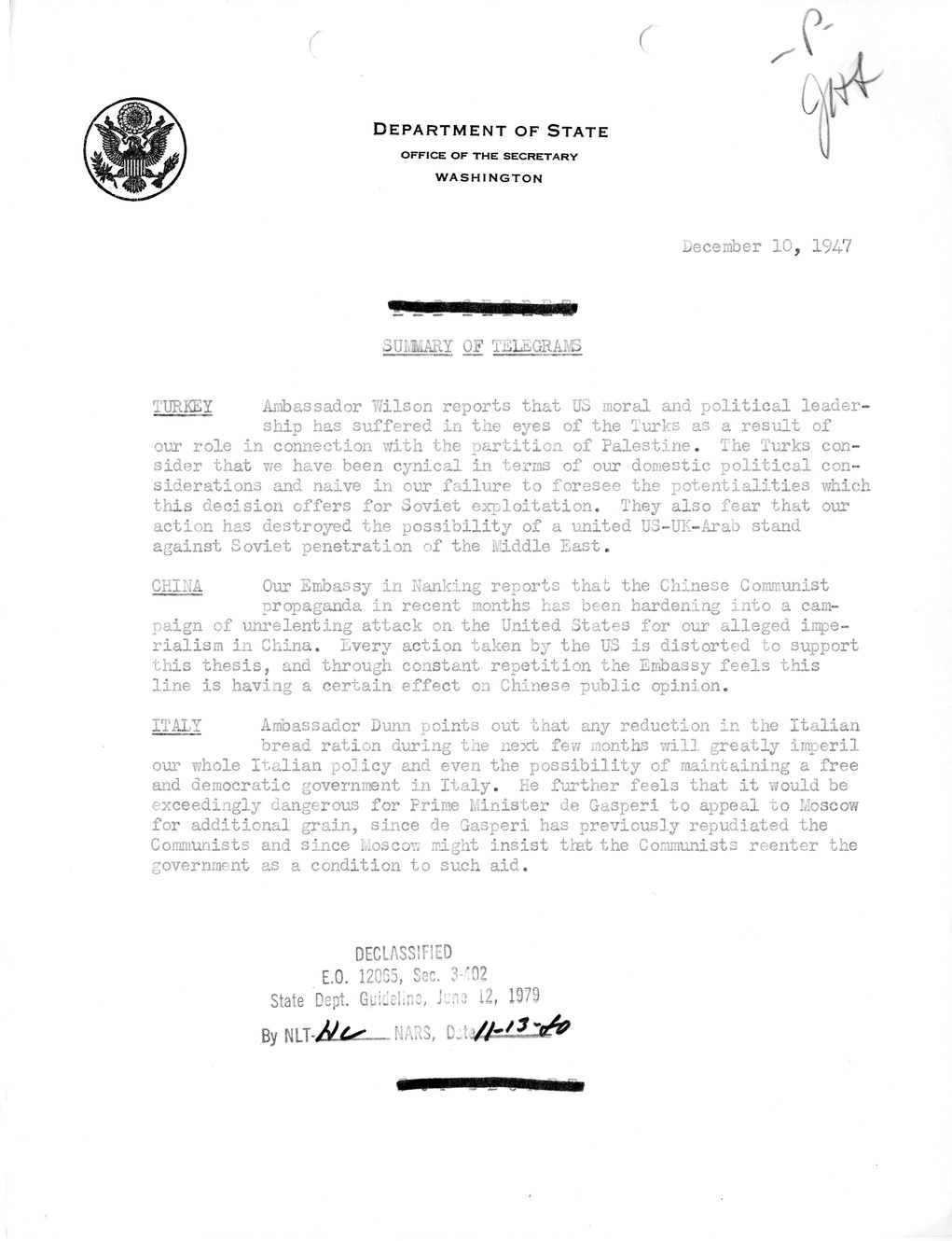 Memorandum, Department of State Summary of Telegrams