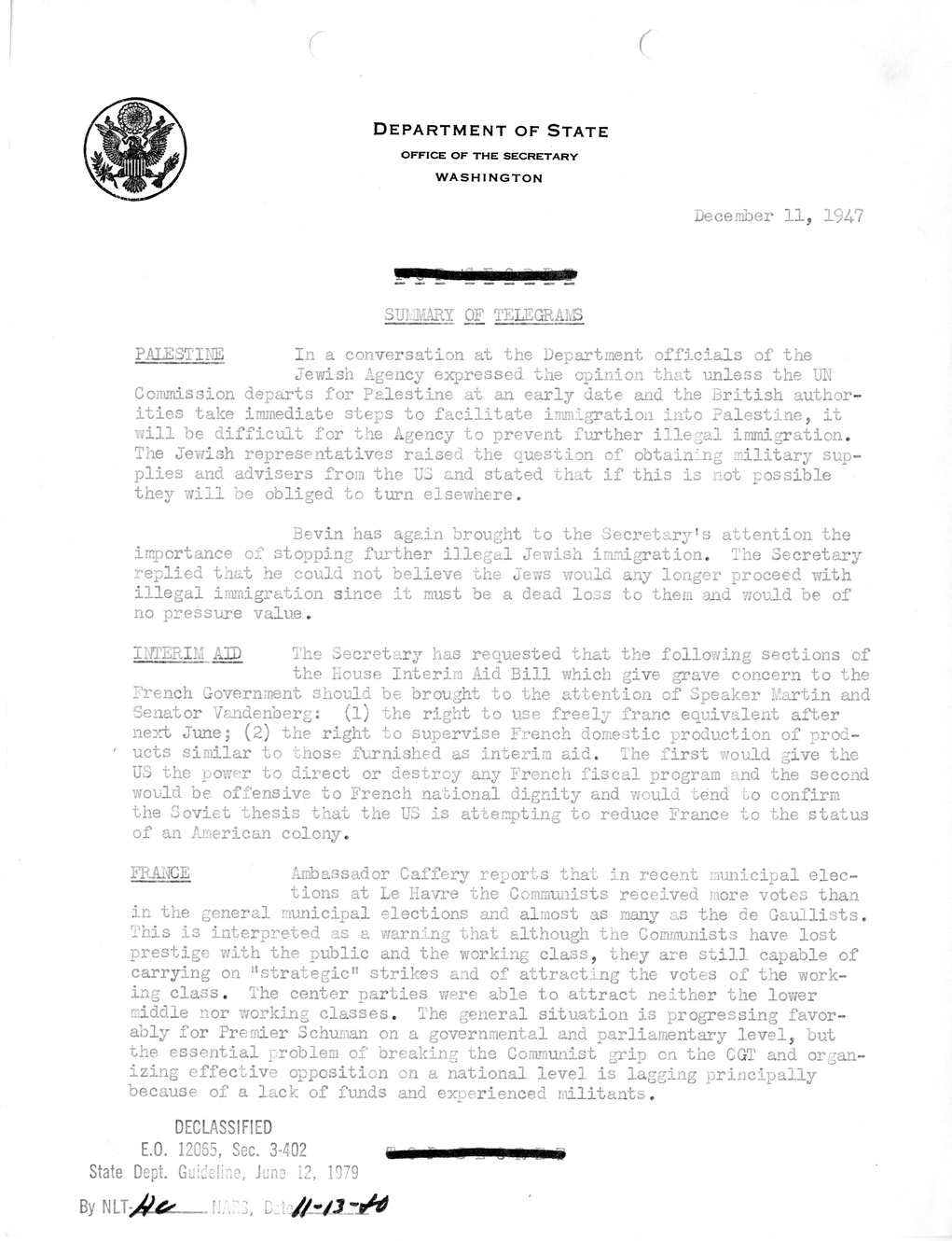 Memorandum, Department of State Summary of Telegrams