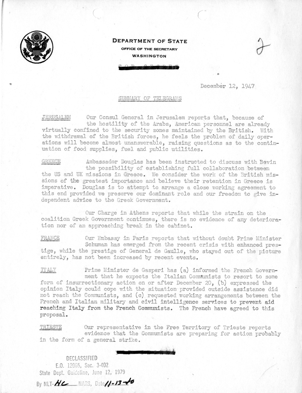 Memorandum, Department of State Summary of Telegrams