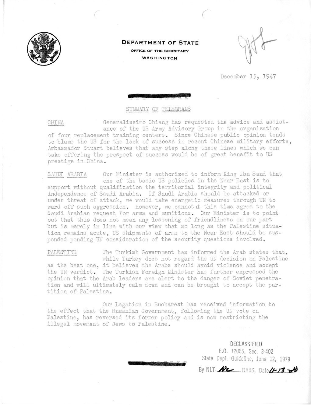Memorandum, Department of State Summary of Telegrams