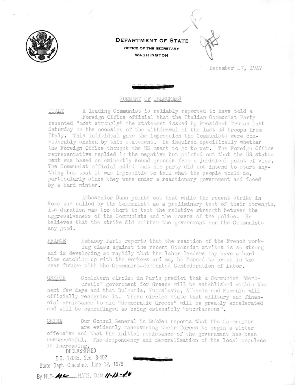 Memorandum, Department of State Summary of Telegrams
