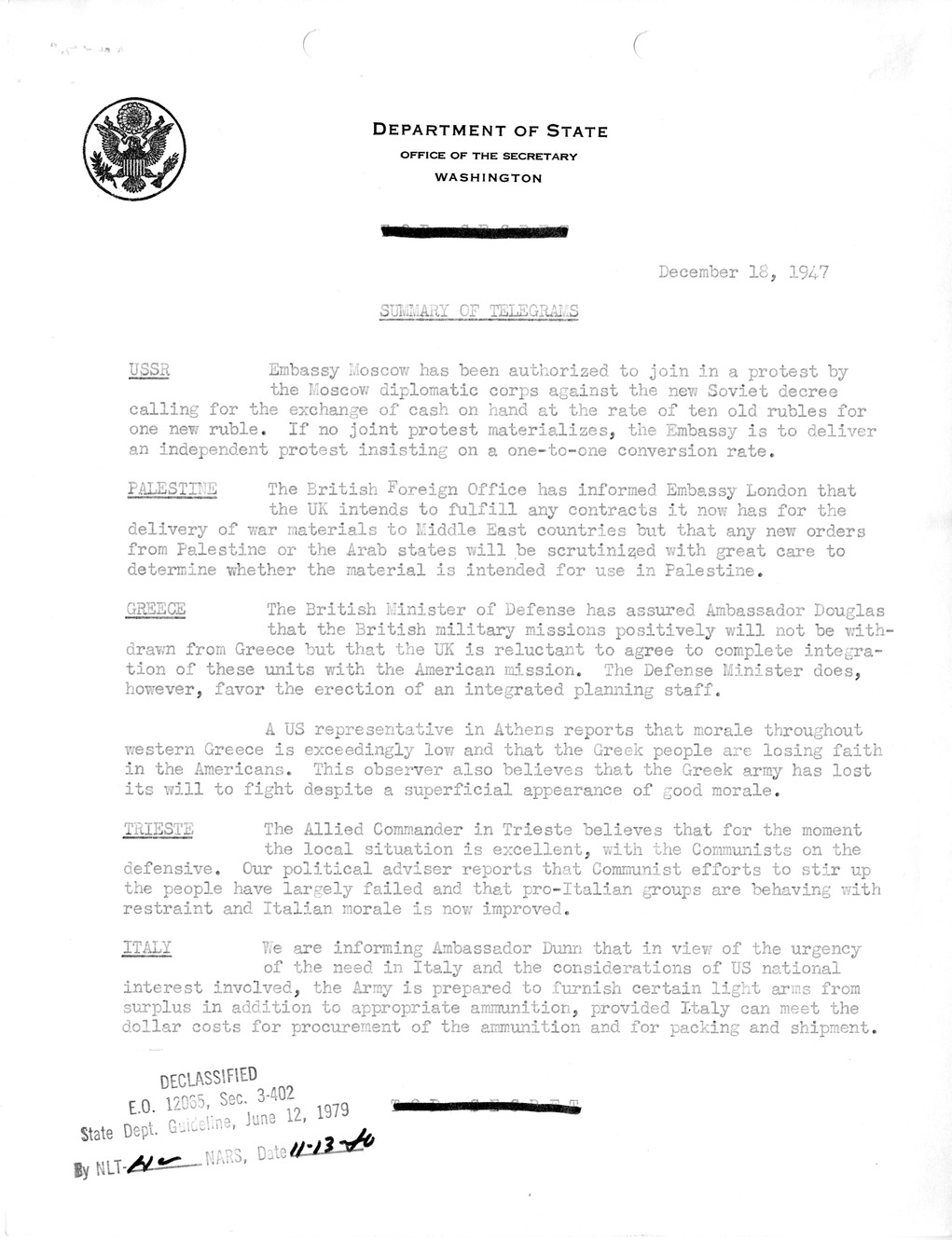 Memorandum, Department of State Summary of Telegrams