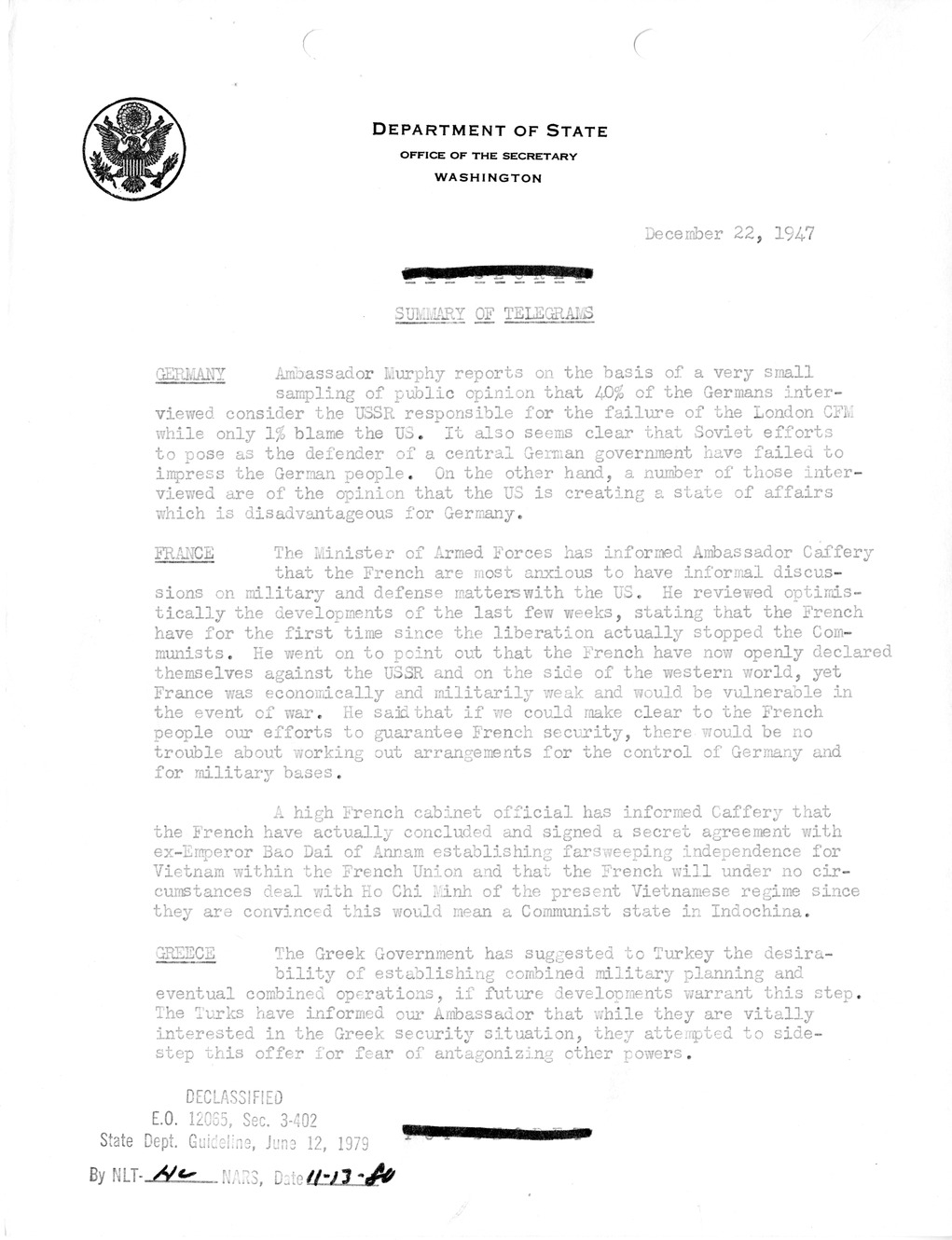 Memorandum, Department of State Summary of Telegrams