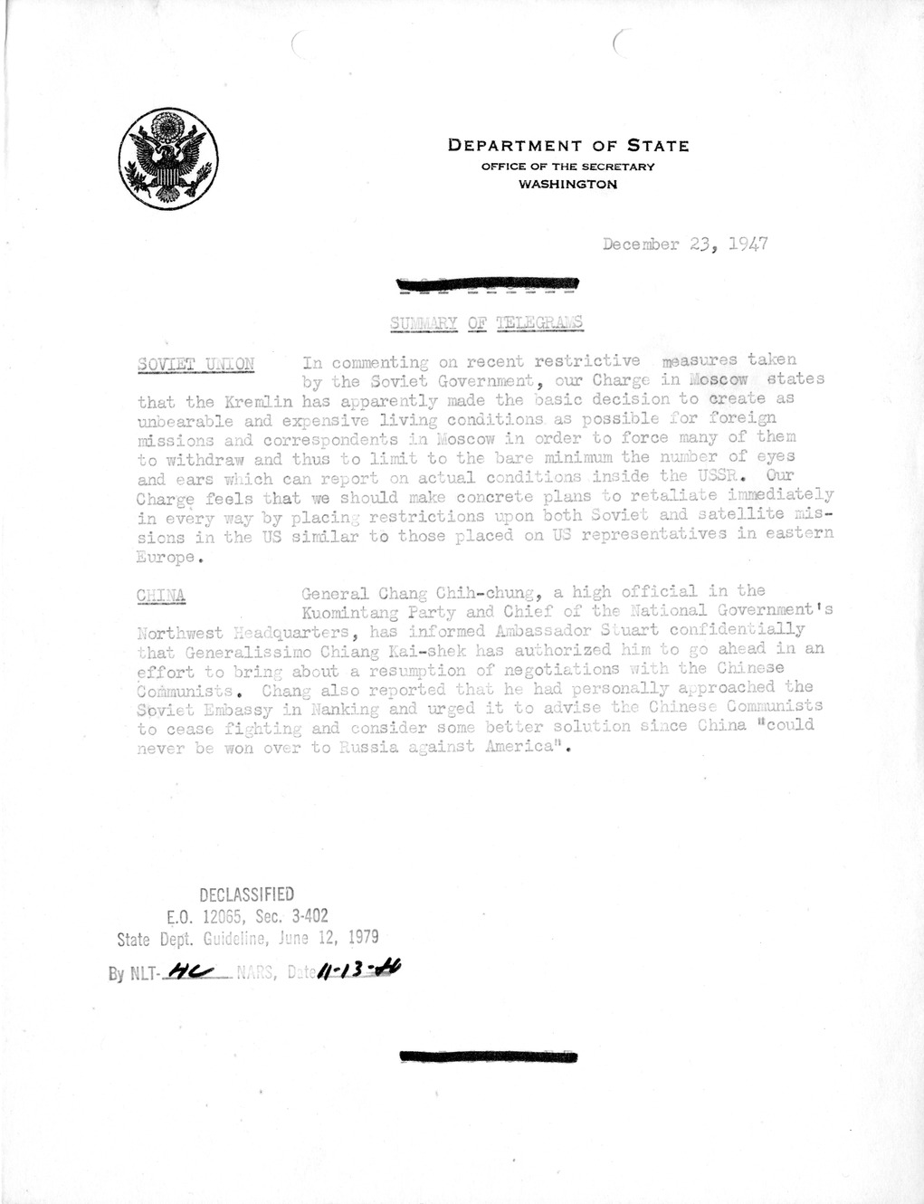 Memorandum, Department of State Summary of Telegrams