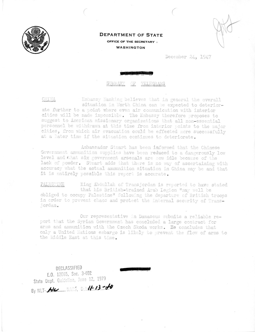 Memorandum, Department of State Summary of Telegrams