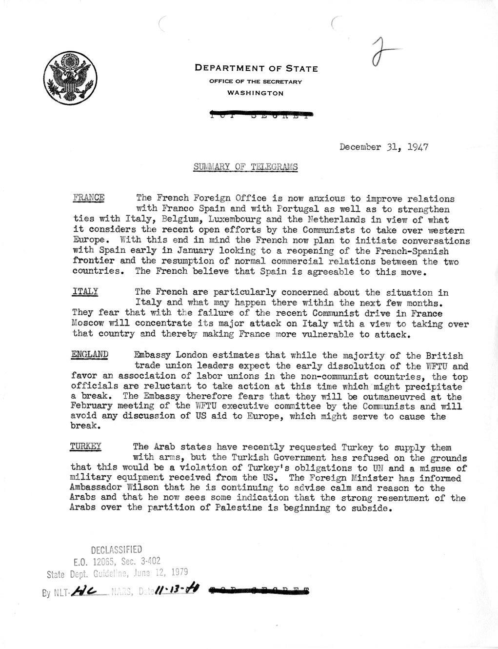 Memorandum, Department of State Summary of Telegrams