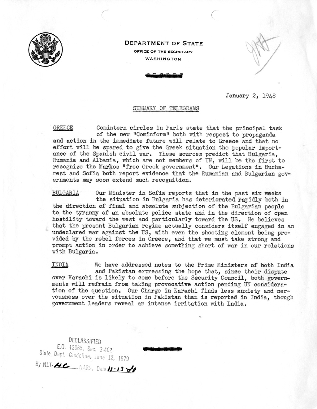 Memorandum, Department of State Summary of Telegrams