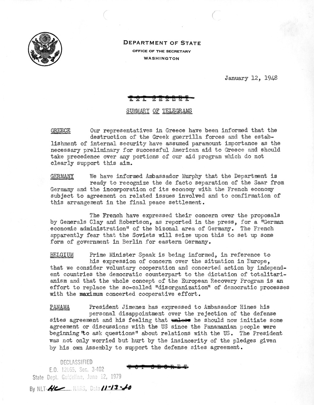 Memorandum, Department of State Summary of Telegrams