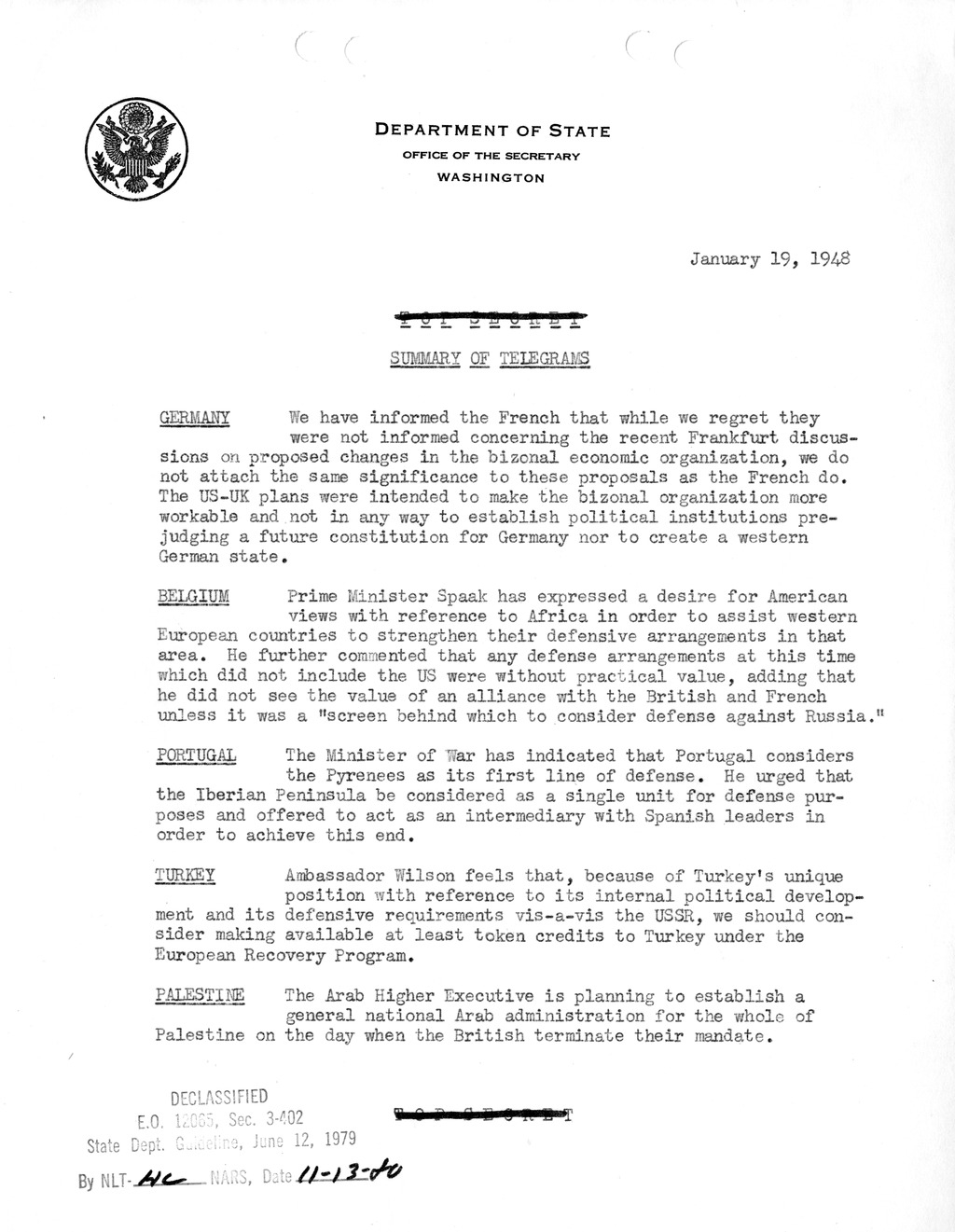 Memorandum, Department of State Summary of Telegrams