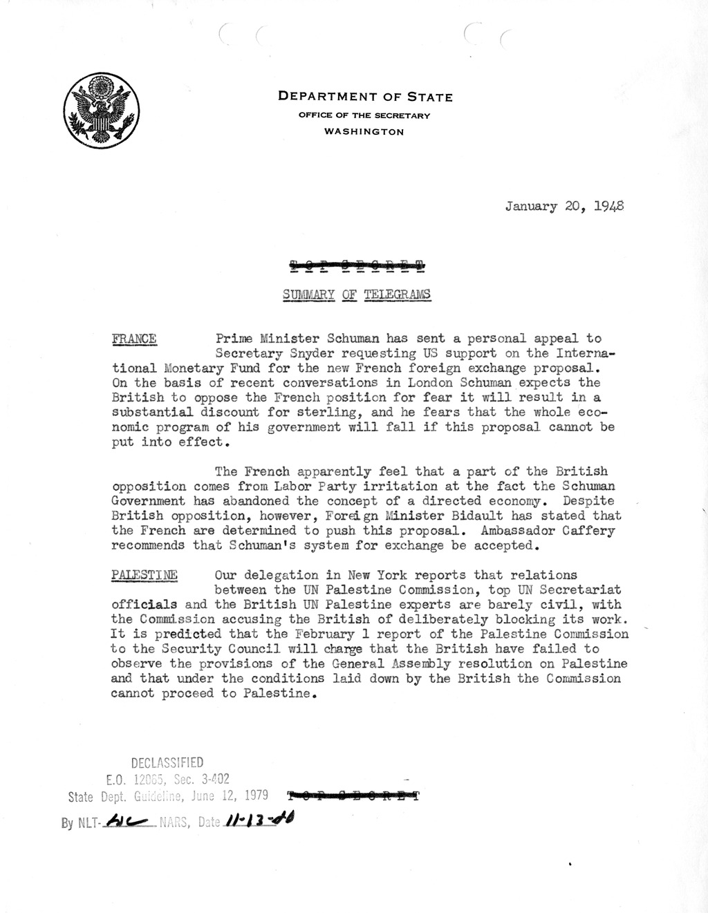 Memorandum, Department of State Summary of Telegrams