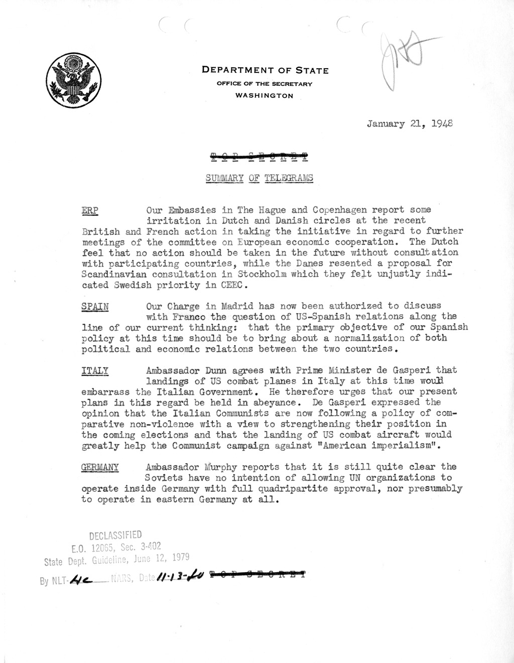 Memorandum, Department of State Summary of Telegrams