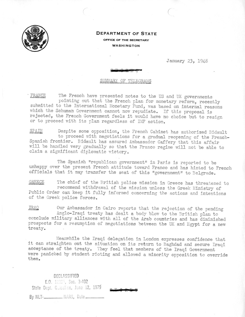 Memorandum, Department of State Summary of Telegrams