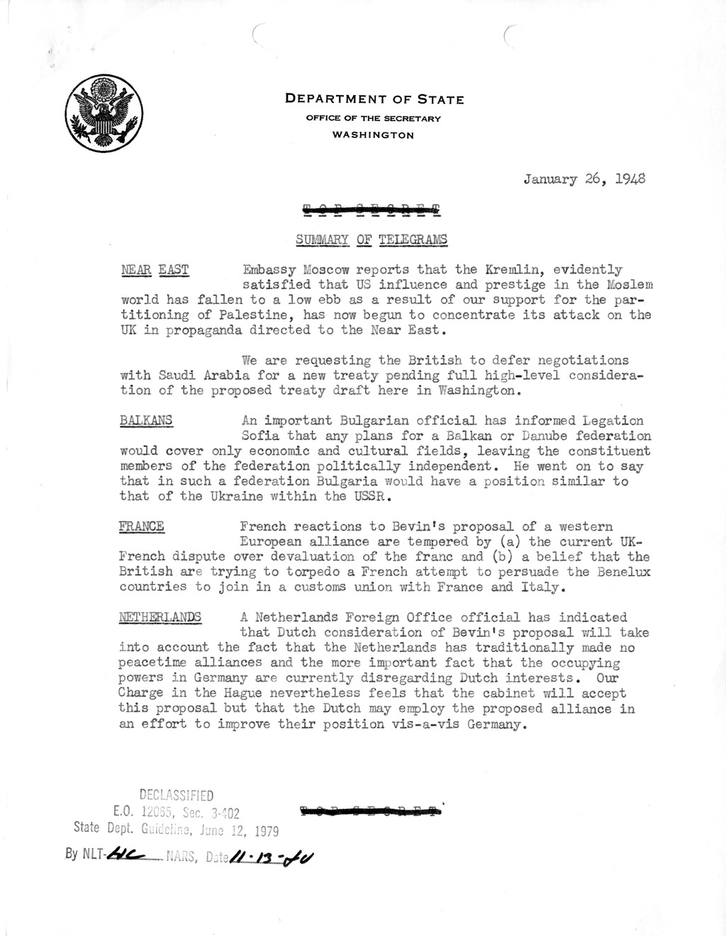 Memorandum, Department of State Summary of Telegrams